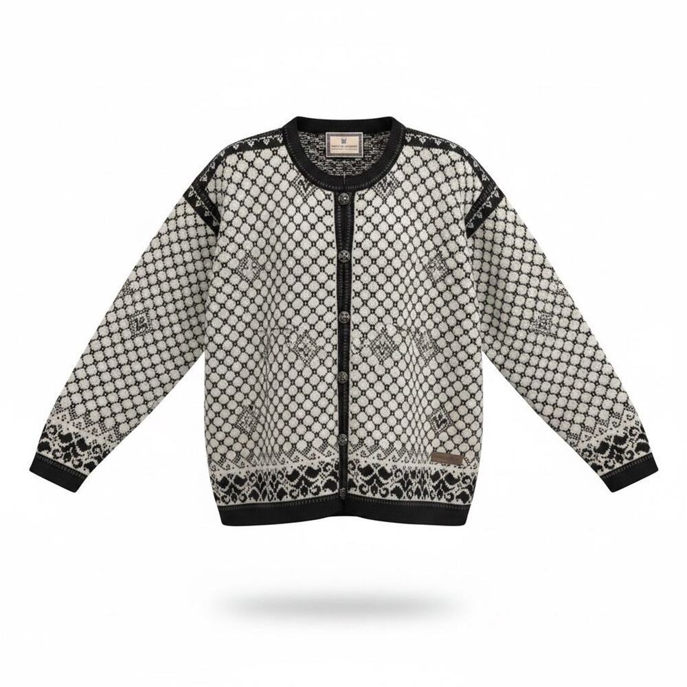 Vintage Dale Of Norway Pure New Wool Nordic Cardigan SZ L Cream/Black/Pewter